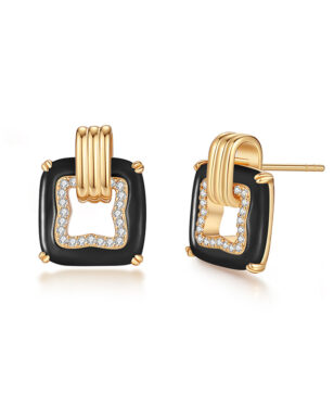 S925 Sterling Silver Square Black Agate White Shell Stud Earrings