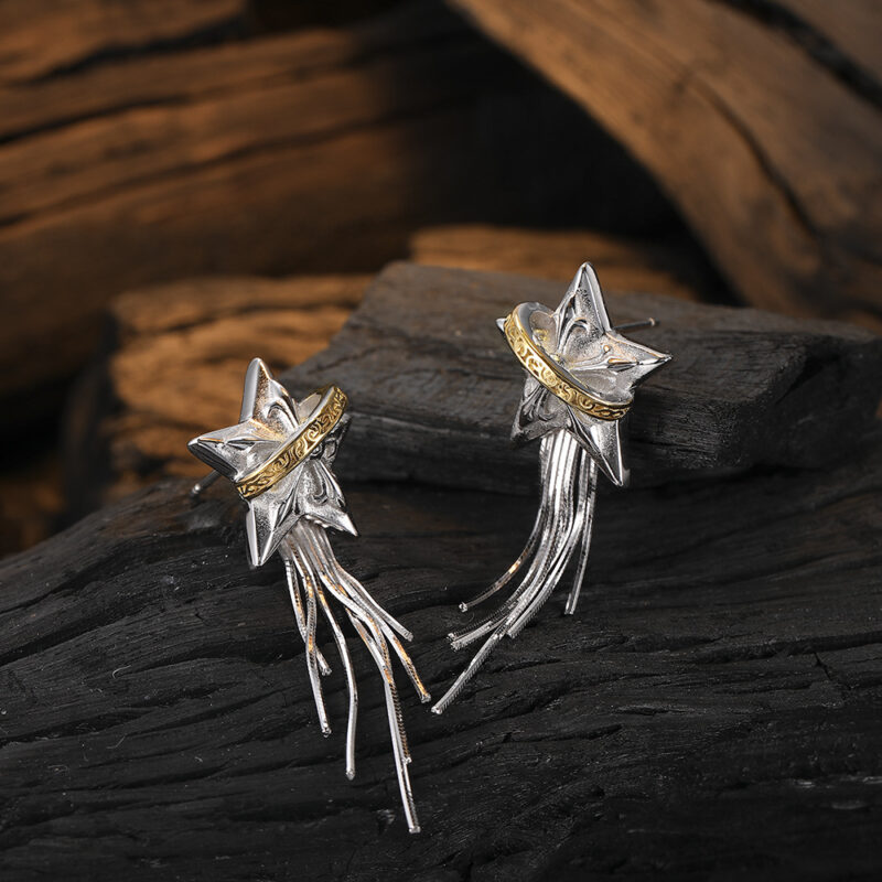 S925 Sterling Silver Textured Star Tassel Earrings