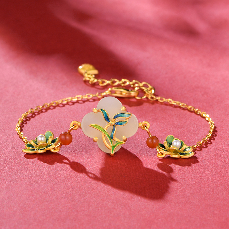 S925 Sterling Silver Vintage Hetian Jade Enamel Magnolia Flower Bracelet