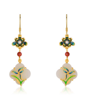 S925 Sterling Silver Vintage Hetian Jade Enamel Magnolia Flower Earrings