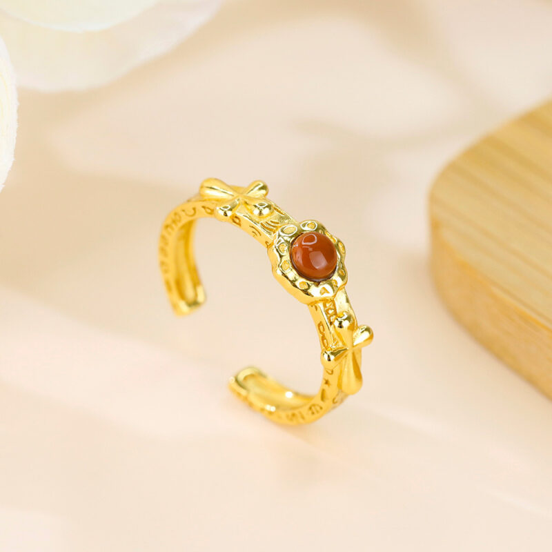 S925 Sterling Silver Agate Cross Personality Retro Flower Open Ring