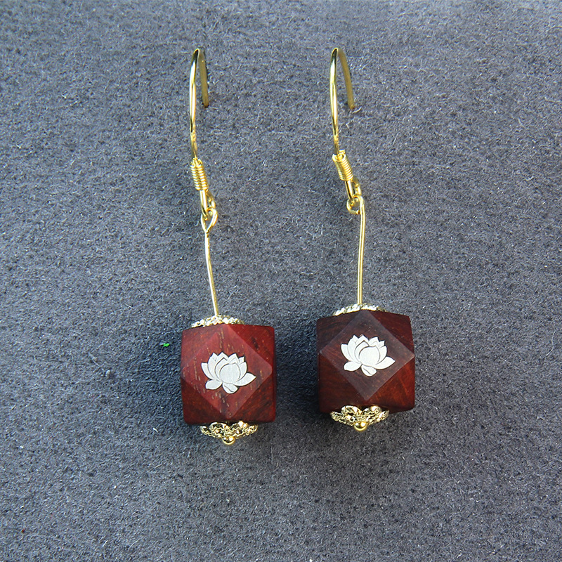 Sandalwood Inlaid Silver Vintage Lotus Earrings
