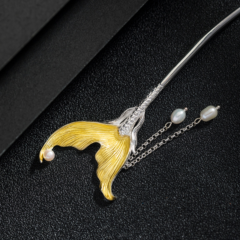 S925 Silver Fish Tail Tassel Pearl Hairpin