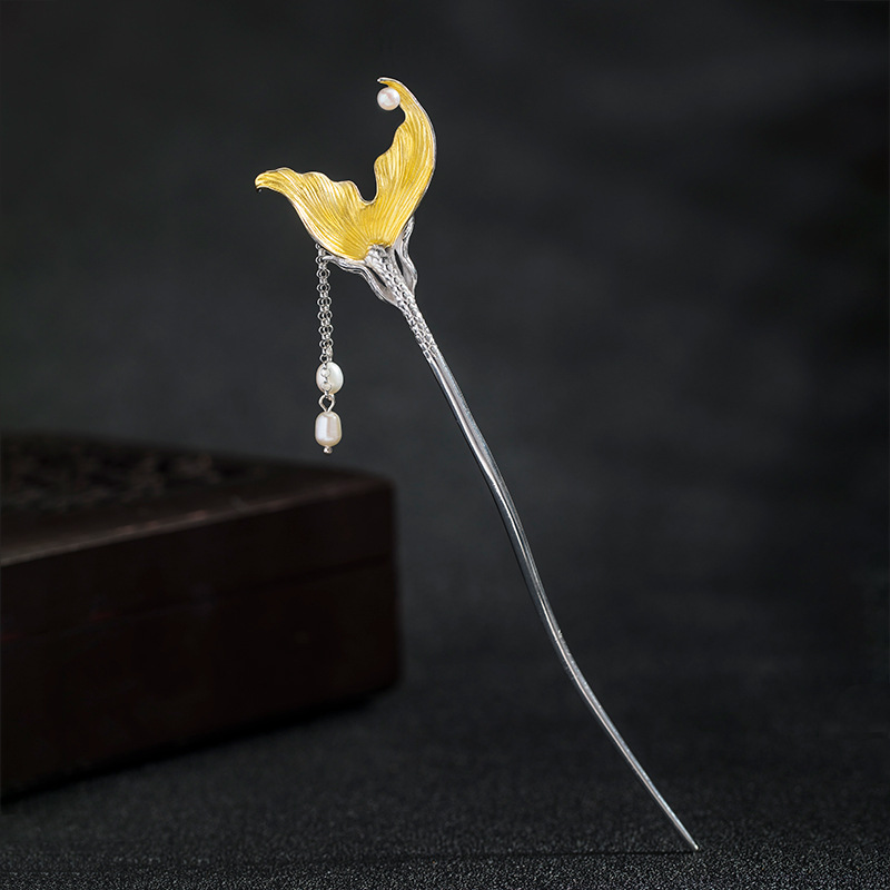S925 Silver Fish Tail Tassel Pearl Hairpin