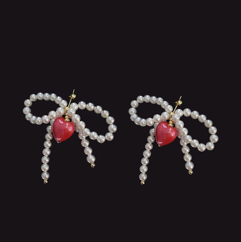 Handmade Beaded Heart Pearl Bow Stud Earrings
