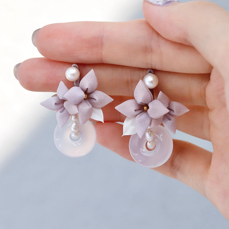 Handmade Silk Flower Jade Earrings