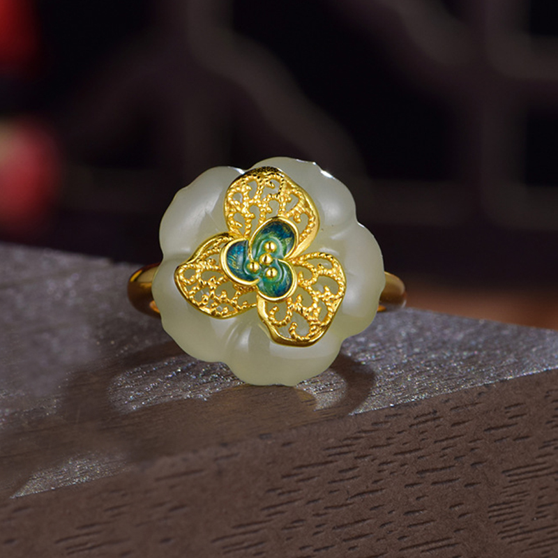 S925 Silver Inlaid Natural Hetian Jade Plum Blossom Open Ring