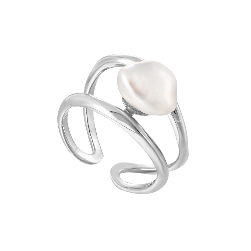 S925 Silver Irregular Double Hollow Inlaid Baroque Pearl Open Ring