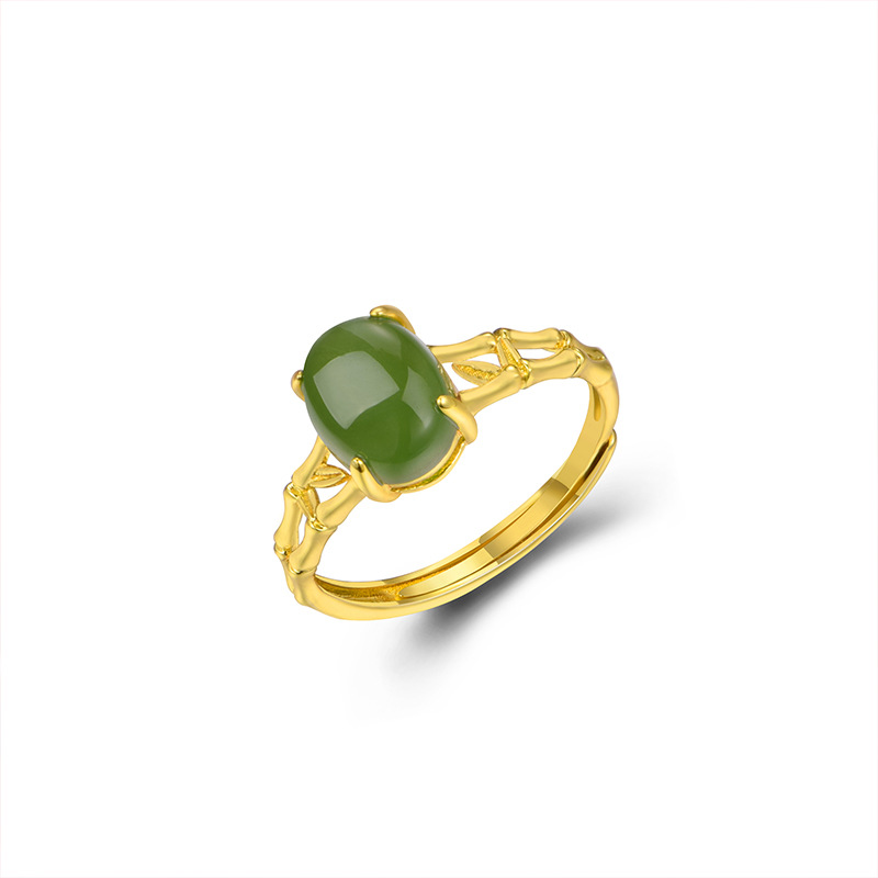 S925 Sliver Inlaid Natural Hetian Jade Bamboo Leaf Ring