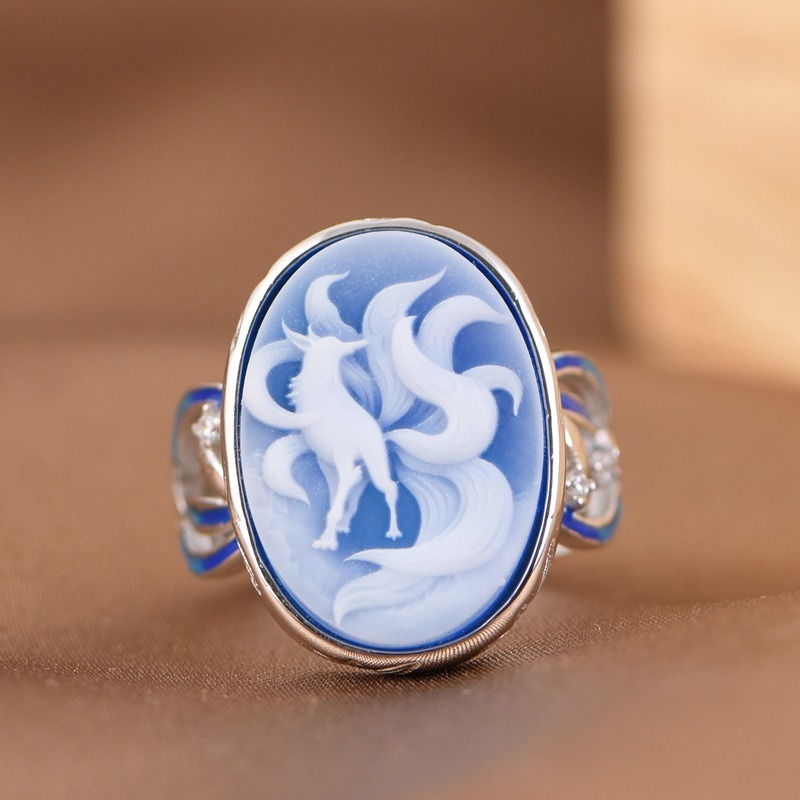 S925 Sterling Silver Burnt Blue Shell Agate Nine-tailed Fox Ring