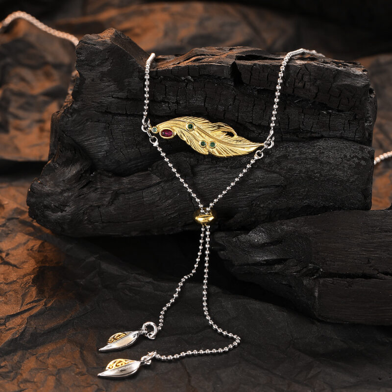 S925 Sterling Silver Colored Zircon Leaf Texture Necklace
