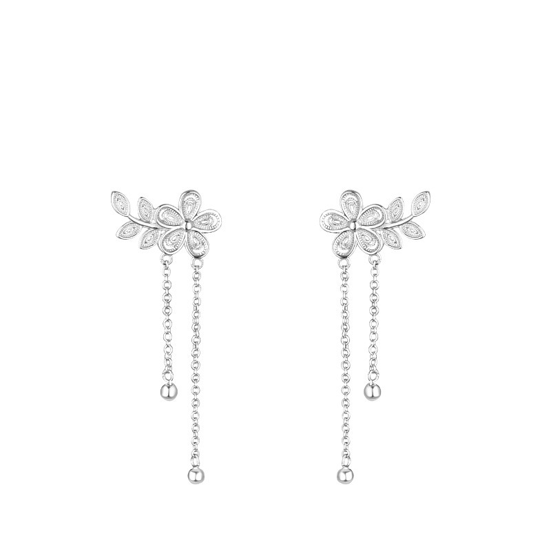 S925 Sterling Silver Flower Leaf Tassel Earrings