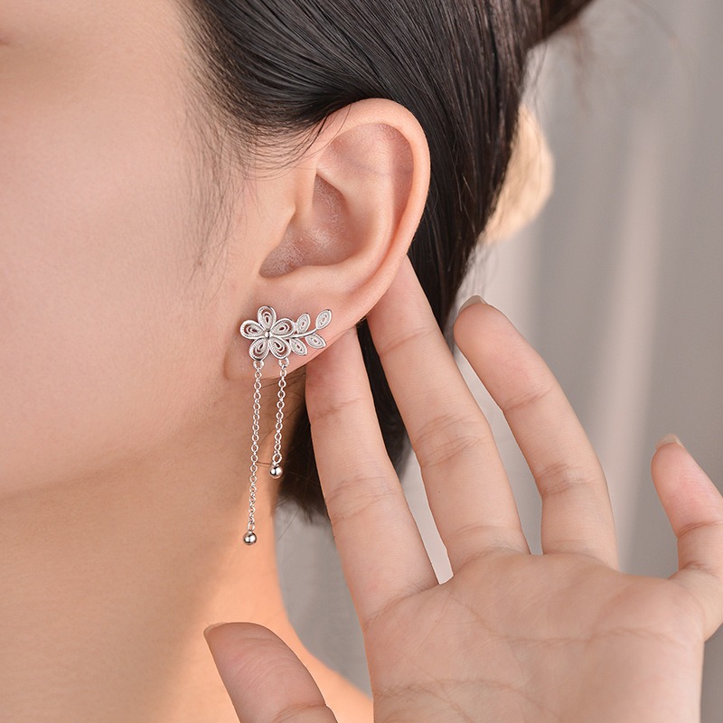 S925 Sterling Silver Flower Leaf Tassel Earrings