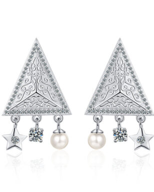 S925 Sterling Silver Geometric Star Freshwater Pearl Triangle Stud Earrings