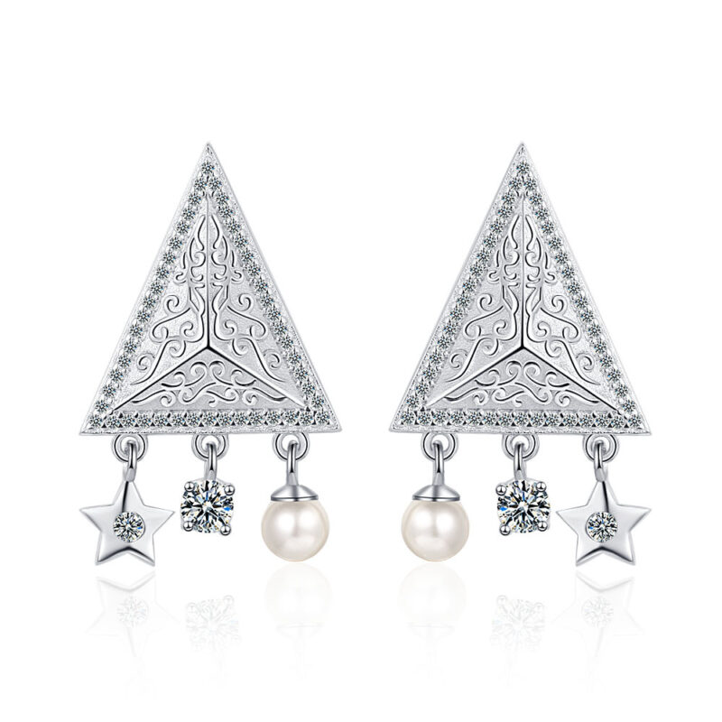 S925 Sterling Silver Geometric Star Freshwater Pearl Triangle Stud Earrings
