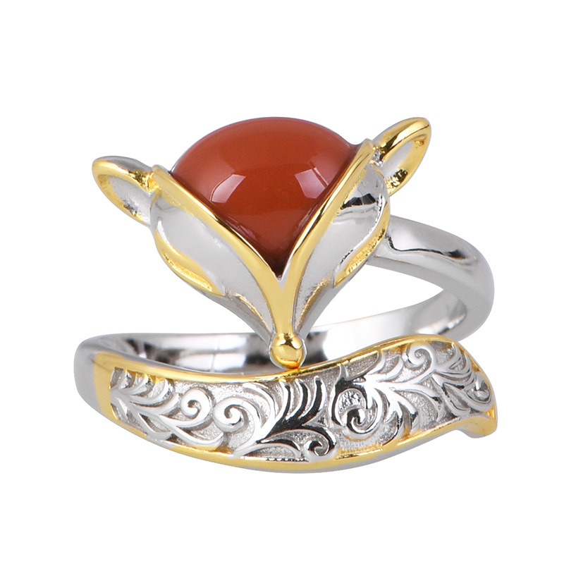 S925 Sterling Silver Gold Plated Agate Fox Ring