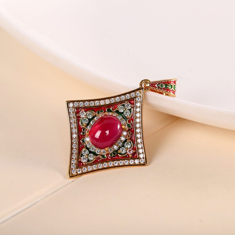 S925 Sterling Silver Gold Plated Enamel Red Corundum Necklace