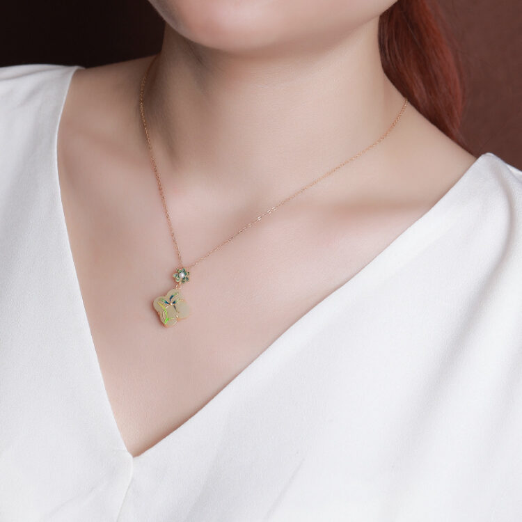 S925 Sterling Silver Gold Plated Hetian Jade Cloisonne Flower Pendant