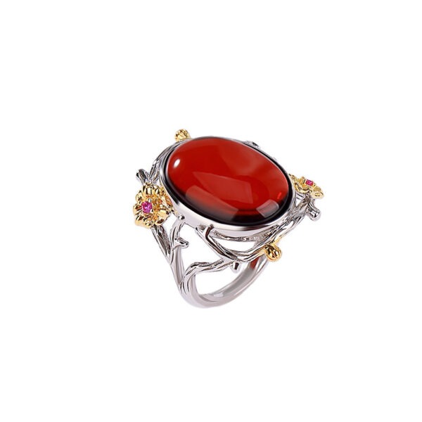 S925 Sterling Silver Gold-plated Blood Amber Vintage Branch Flower Ring