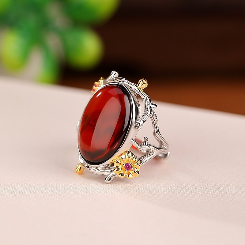 S925 Sterling Silver Gold-plated Blood Amber Vintage Branch Flower Ring