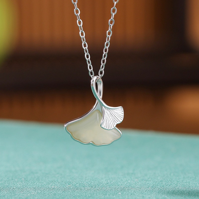 S925 Sterling Silver Gold-plated Hetian jade Ginkgo Leaf Pendant