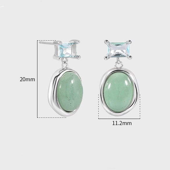 S925 Sterling Silver Irregular Oval Zircon Aventurine Stud Earrings