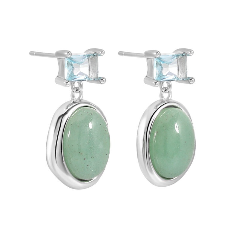 S925 Sterling Silver Irregular Oval Zircon Aventurine Stud Earrings