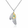 S925 Sterling Silver Textured Feather Natural Turquoise Necklace