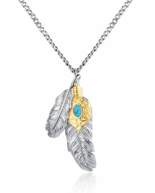 S925 Sterling Silver Textured Feather Natural Turquoise Necklace