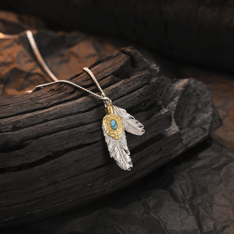S925 Sterling Silver Textured Feather Natural Turquoise Necklace