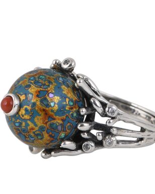 S925 Sterling Silver Vintage Fashion Flower Inlaid Lacquer Bead Ring