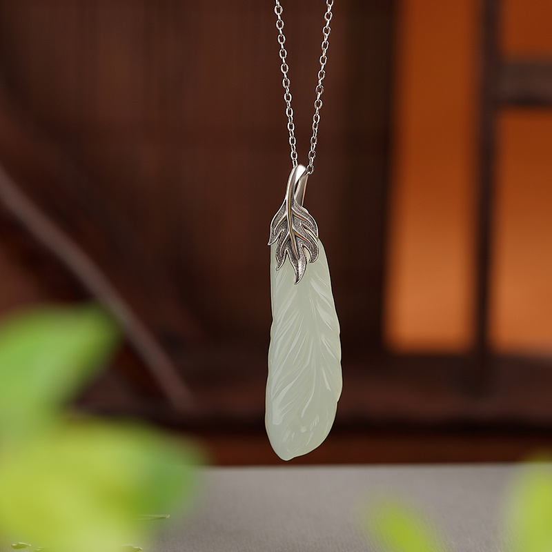 S925 Sterling Silver Hetian jade Feather Pendant