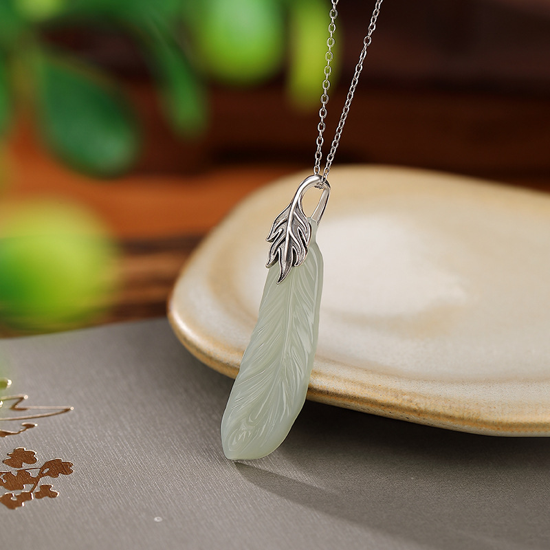 S925 Sterling Silver Hetian jade Feather Pendant