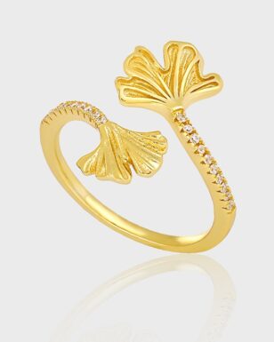 S925 Sterling Silver Geometric Cross Inlaid Zircon Ginkgo Leaf Open Ring