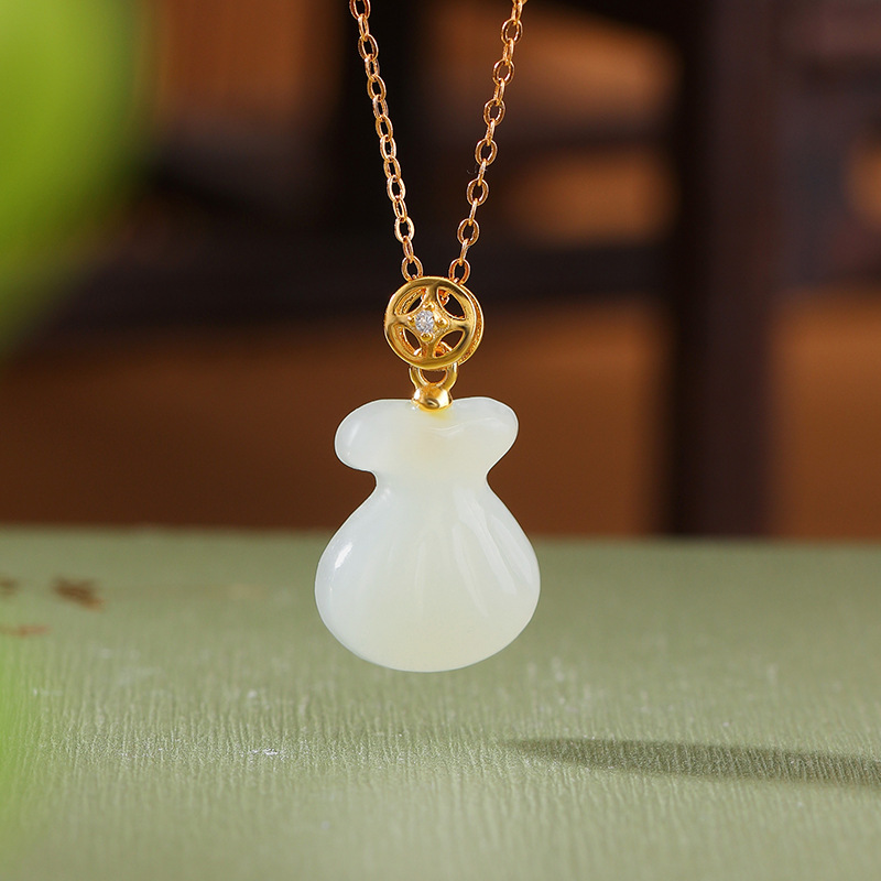 S925 Sterling Silver Gold-plated Hetian jade Blessing Bag Pendant
