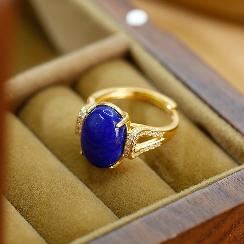 S925 Sterling Silver Inlaid Lapis Lazuli Oval Open Ring