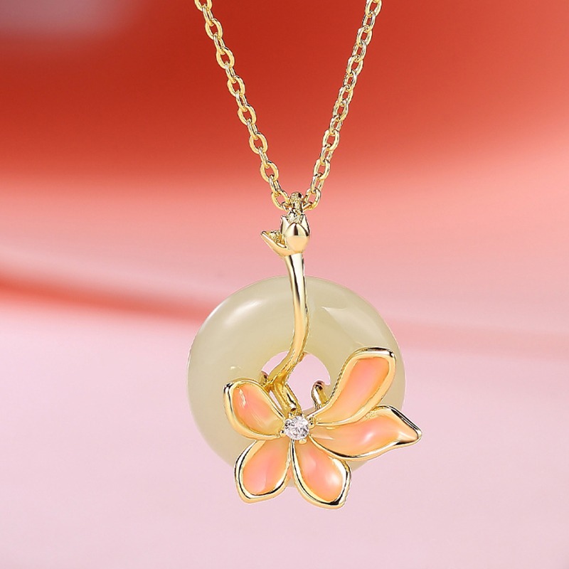 S925 Sterling Silver Elegant Orchid Inlaid Hetian Jade Necklace
