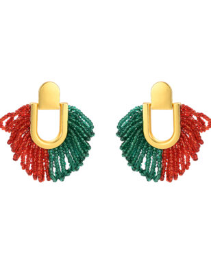 Christmas Colorful Crystal Beaded Tassel Original Design Bohemian Contrast Color Fan-shaped Earrings
