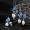 S925 Silver Pearl Enamel Butterfly Pendant Earrings Ring