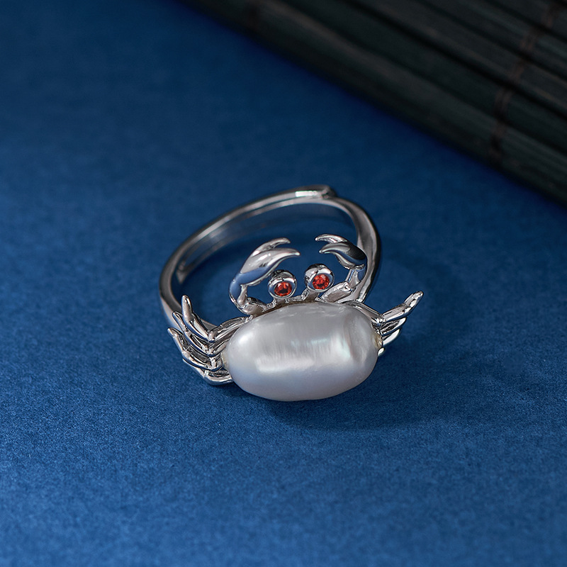 S925 Sterling Silver Baroque Pearl Crab Open Ring