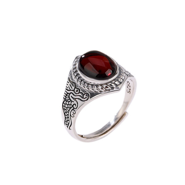 S925 Sterling Silver Blood Amber Carved Dragon Open Ring