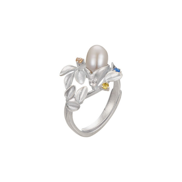 S925 Sterling Silver Freshwater Pearl Simple Leaf Open Ring