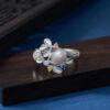 S925 Sterling Silver Freshwater Pearl Simple Leaf Open Ring