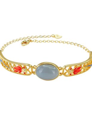 S925 Sterling Silver Gold Plated Enamel Inlaid Purple Jade Goldfish Bracelet