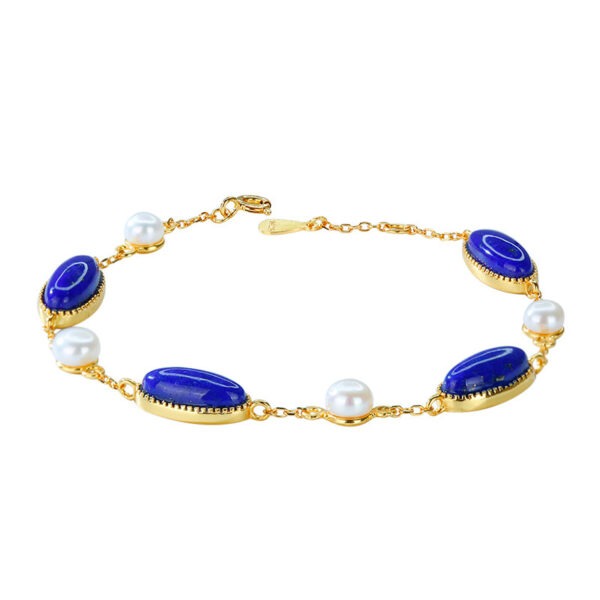 S925 Sterling Silver Gold Plated Lapis Lazuli Pearl Bracelet