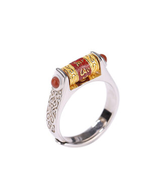S925 Sterling Silver Gold-plated Agate Embossed Three-dimensional Auspicious Cloud Six-character Mantra Open Ring