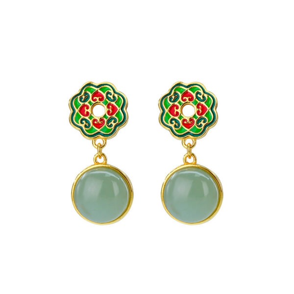 S925 Sterling Silver Gold-plated Enamel Inlaid Natural Jade Earrings
