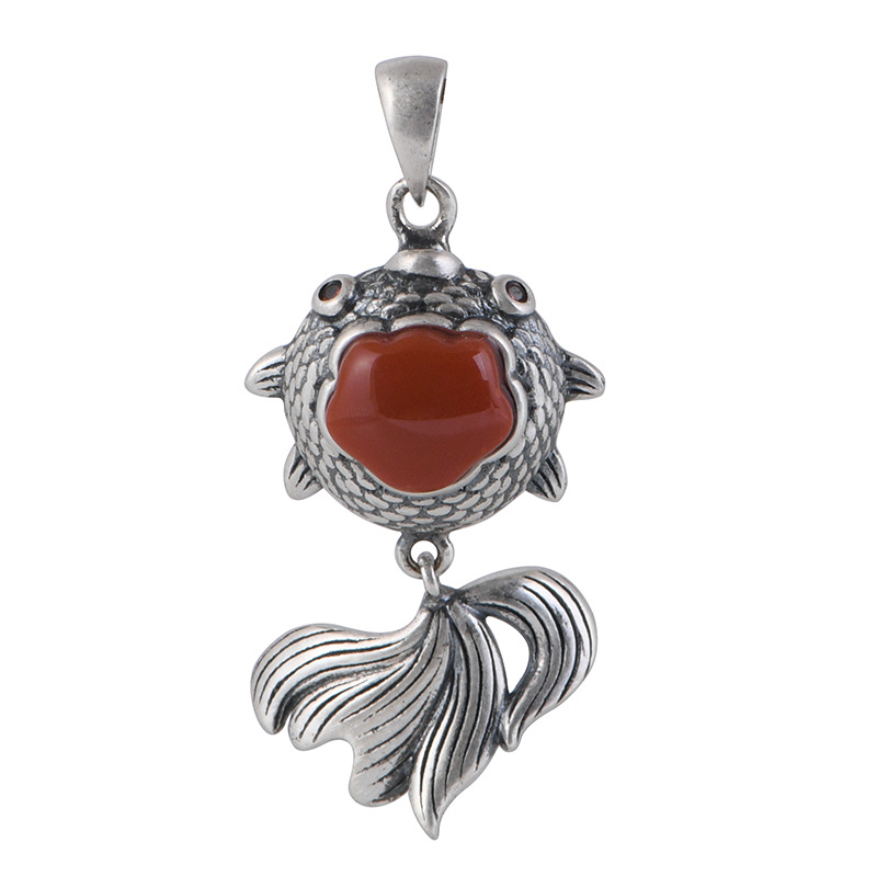 S925 Sterling Silver Inlaid Agate Goldfish Pendant