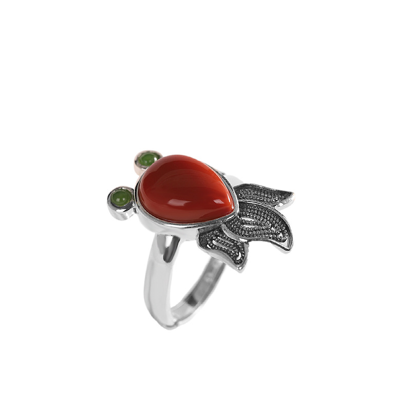 S925 Sterling Silver Inlaid Agate Jasper Goldfish Open Ring