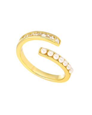 S925 Sterling Silver Inlaid Square Zircon Pearl Cross Open Ring